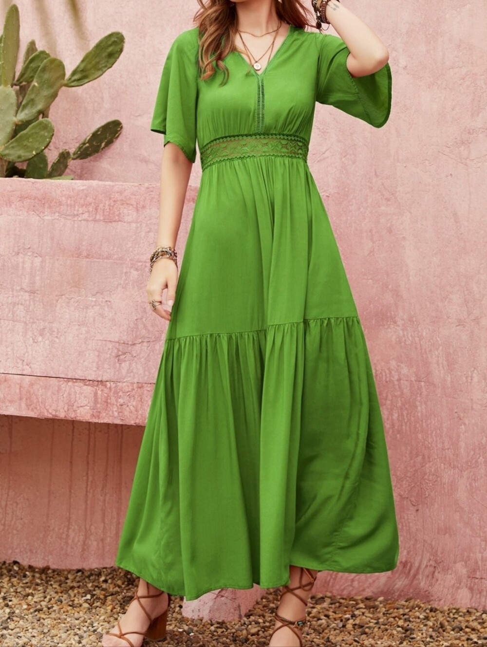 Green V-Neck Tiered Maxi Dress